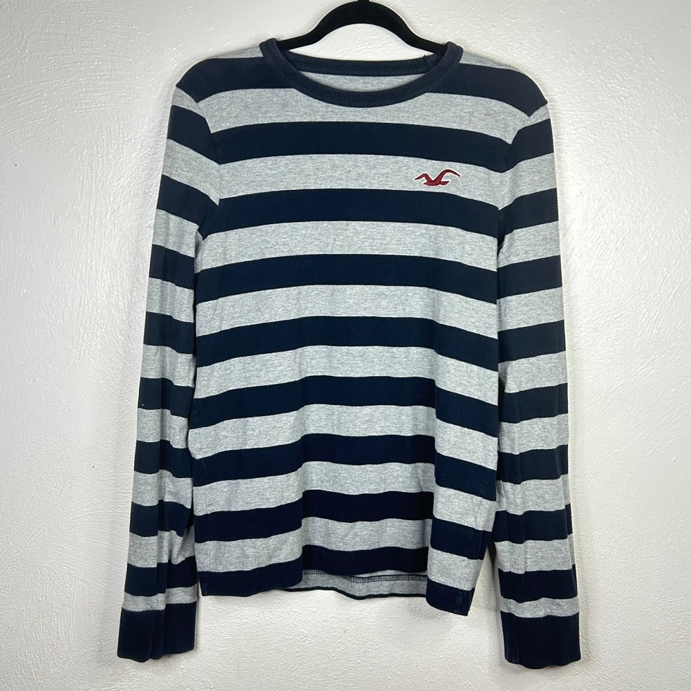Hollister California Striped Long Sleeve Shirt Gray Navy Blue Crewneck Size M